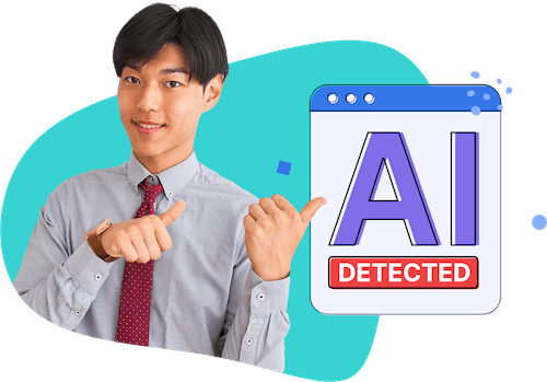 a man pointing to a sign that says AI detected