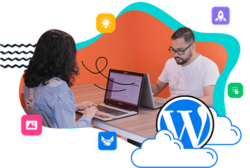 Two people working with WordPress